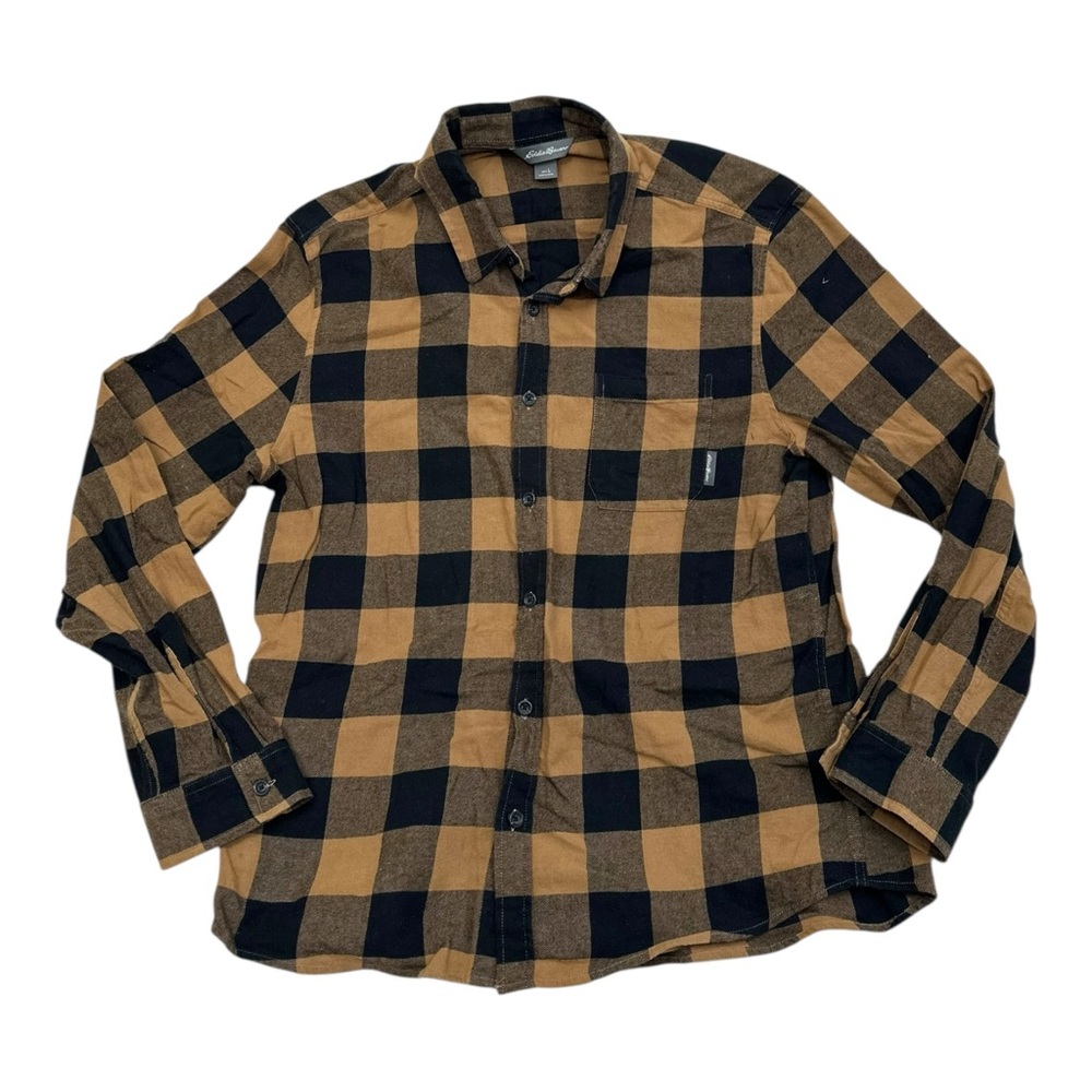 Eddie Bauer Black and Tan Gingham Flannel Button Up Shirt - Size Large